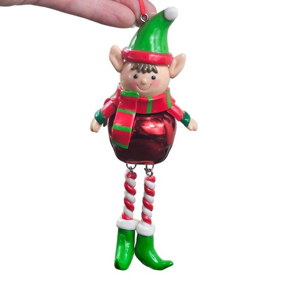 Christmas Elf Ornament Metal Bell Red Green Striped Scarf Holiday Dangling Legs - Picture 1 of 8